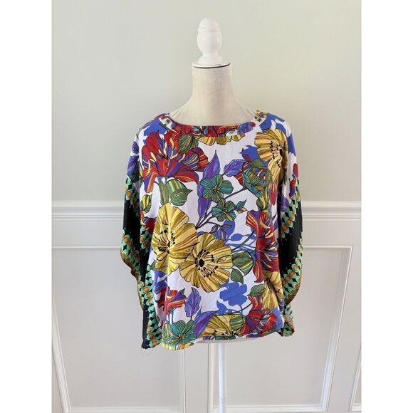 Susan Graver Artisan XS Bold Floral Jeweled Neck Drape Top - Picture 1 of 4